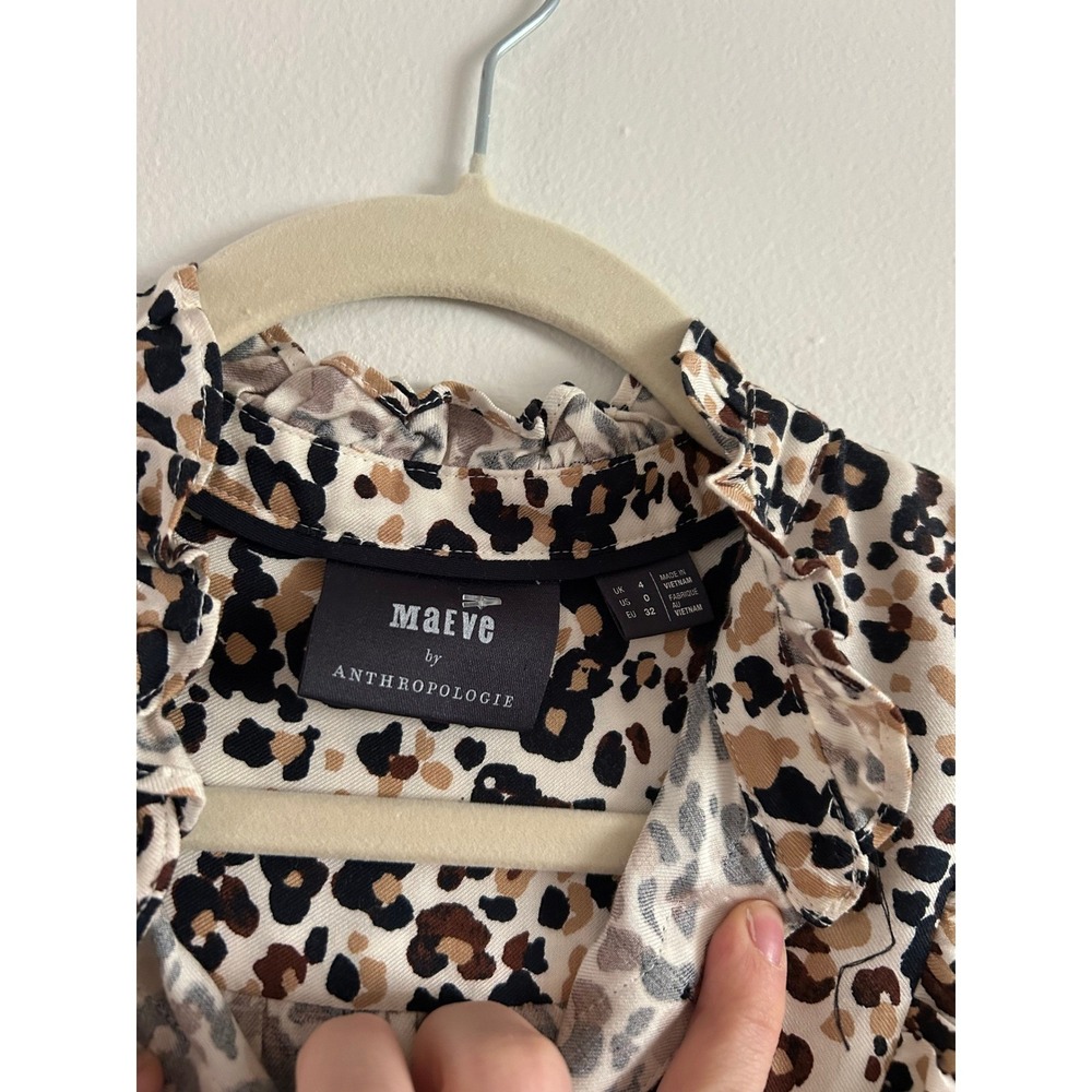 Maeve by Anthropologie Leopard Print Ruffled Collar‎ Button Up Shirt Top Women - Picture 3 of 3